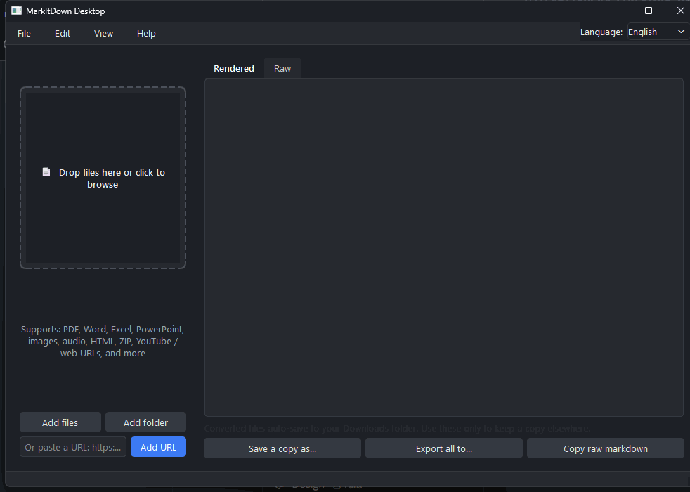MarkItDown Desktop walkthrough: add a file, it converts, the rendered markdown preview appears